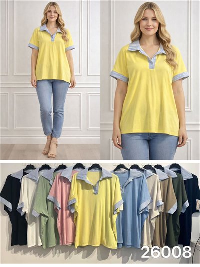 Camiseta canalé cuello polo a rayas talla grande 2