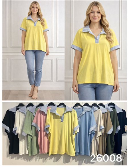 Camiseta canalé cuello polo a rayas talla grande