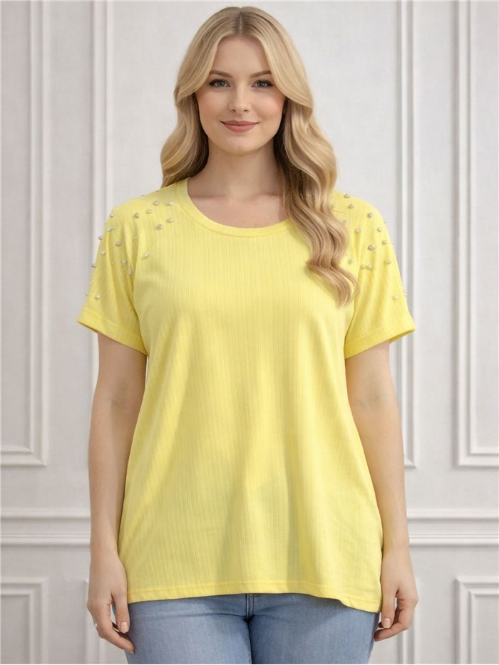 Camiseta canalé con perlas en hombros talla grande