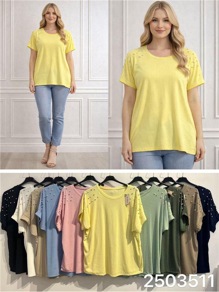 Camiseta canalé con perlas en hombros talla grande