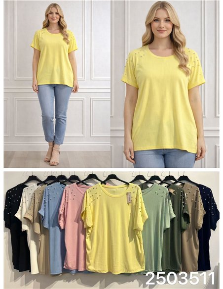 Camiseta canalé con perlas en hombros talla grande