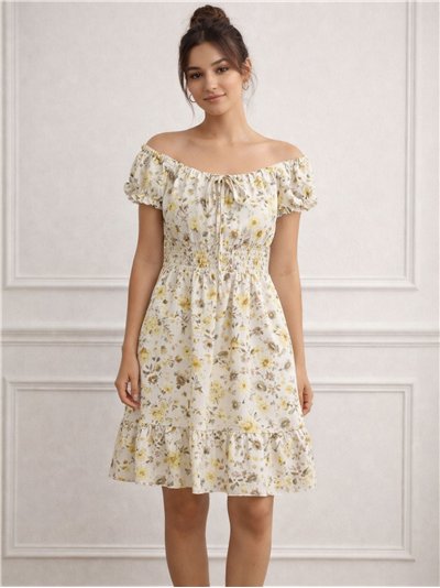 Vestido corto floral fruncido con cordones