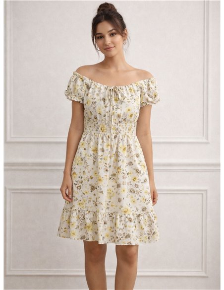 Vestido corto floral fruncido con cordones