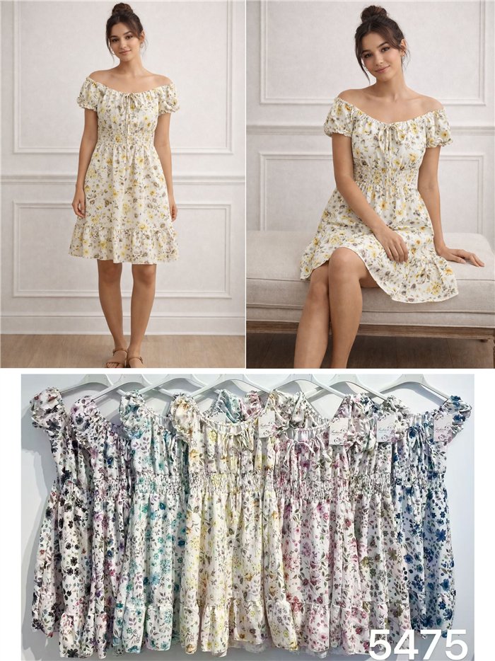 Vestido corto floral fruncido con cordones