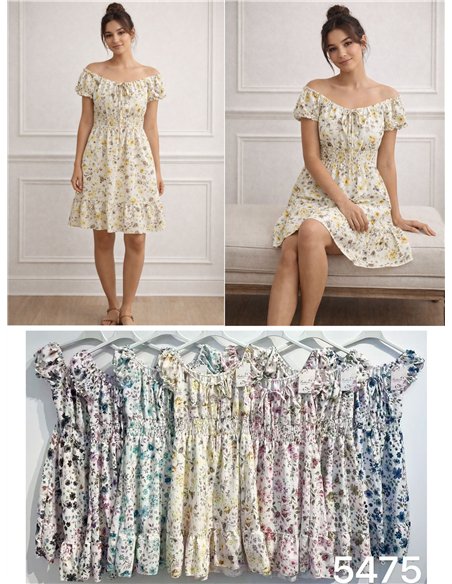 Vestido corto floral fruncido con cordones