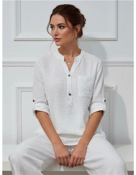 Blusa efecto lino bolsillo y manga remangable