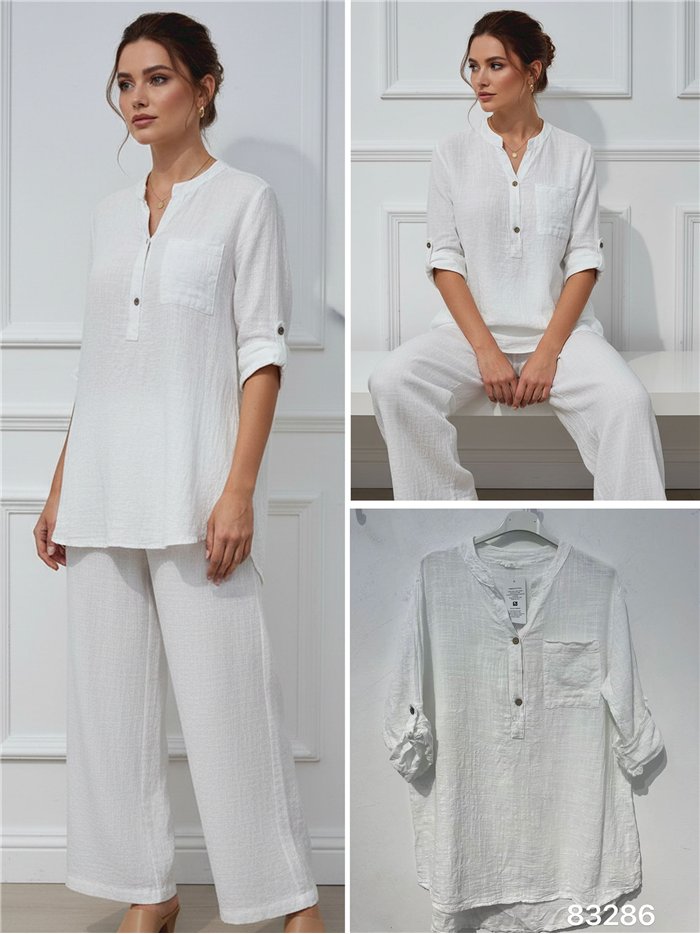 Blusa efecto lino bolsillo y manga remangable