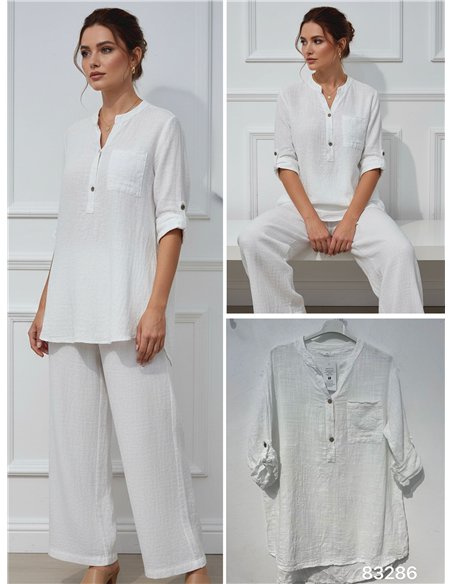 Blusa efecto lino bolsillo y manga remangable