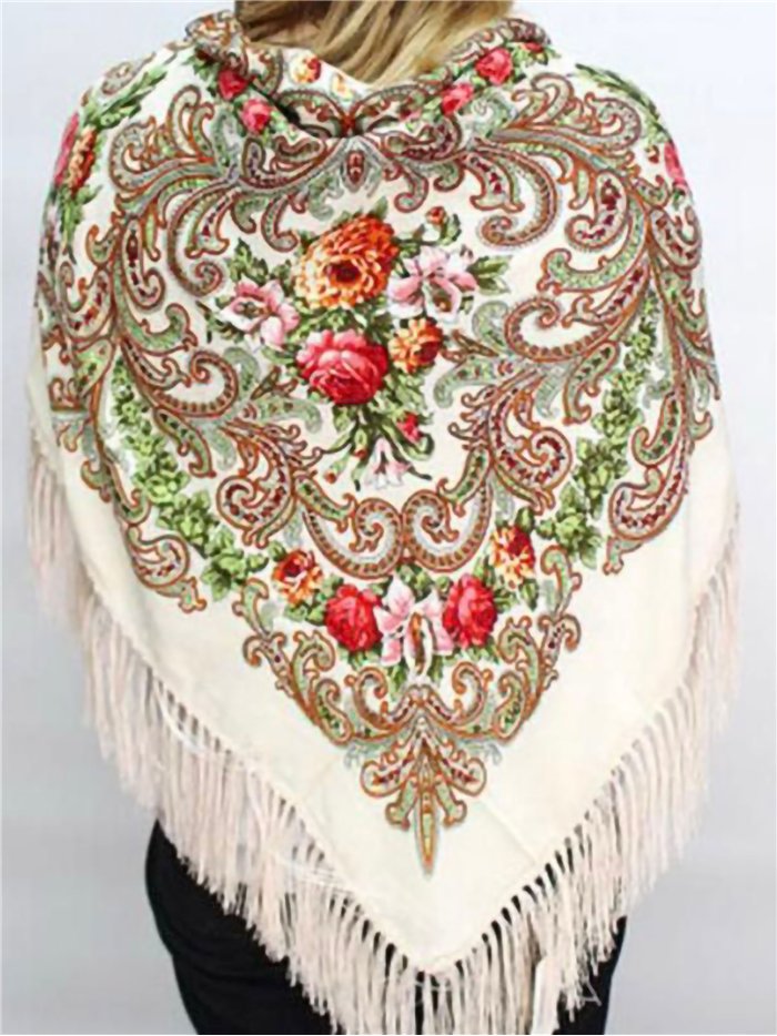 Lenço quadrado com estampa floral e franjas