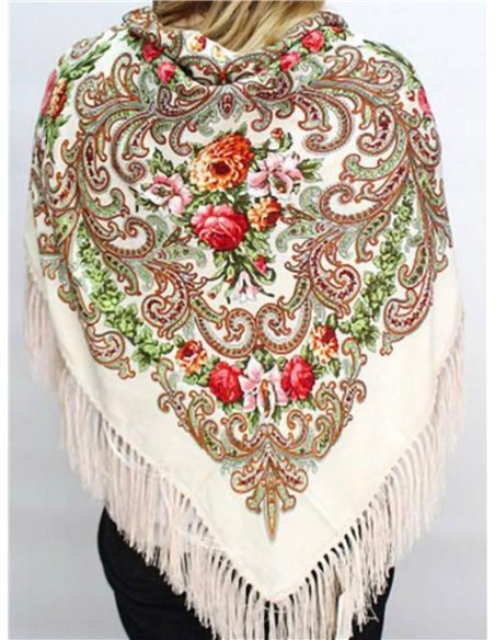 Lenço quadrado com estampa floral e franjas