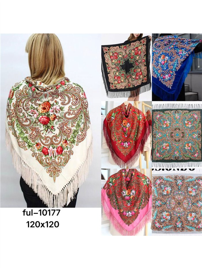 Lenço quadrado com estampa floral e franjas