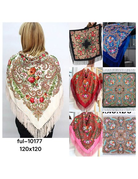 Lenço quadrado com estampa floral e franjas