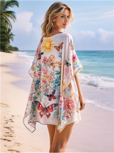 Caftano da spiaggia con stampa floreale ad acquerello