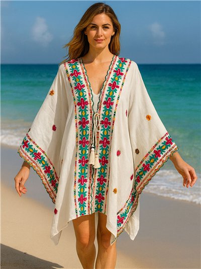 Caftano da spiaggia ricamato multicolore