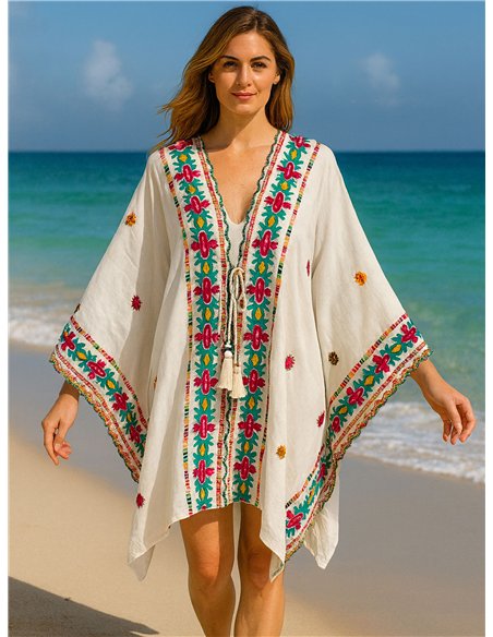 Caftano da spiaggia ricamato multicolore