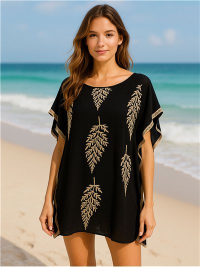 Túnica de praia com folhas bordadas