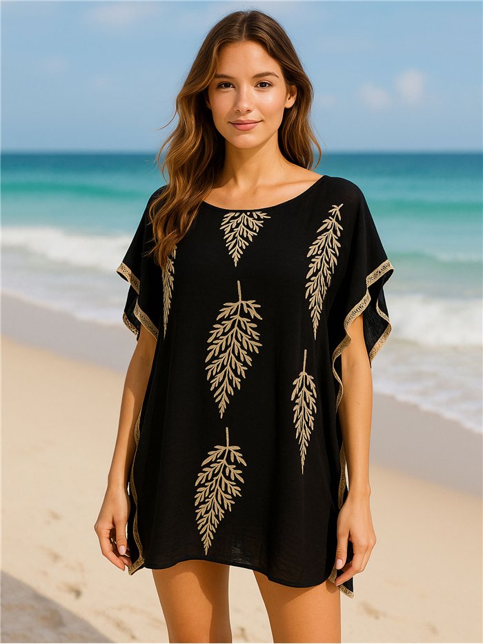 Túnica de praia com folhas bordadas