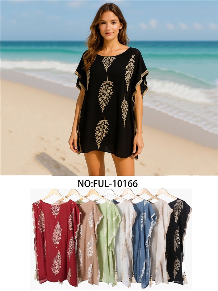 Túnica de praia com folhas bordadas