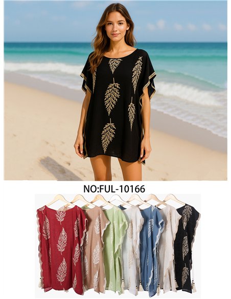 Túnica de praia com folhas bordadas