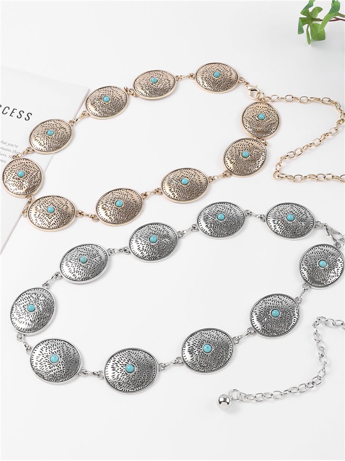 Cinturón cadena boho de discos turquesa