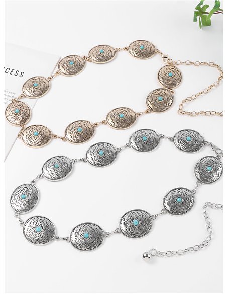 Cinturón cadena boho de discos turquesa