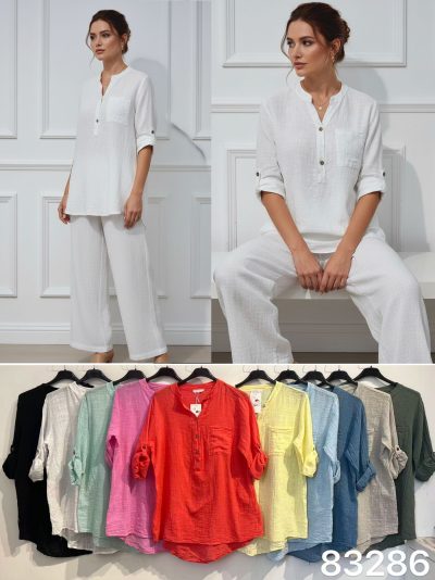 Blusa com efeito linho, bolso e mangas que podem ser dobradas. 2