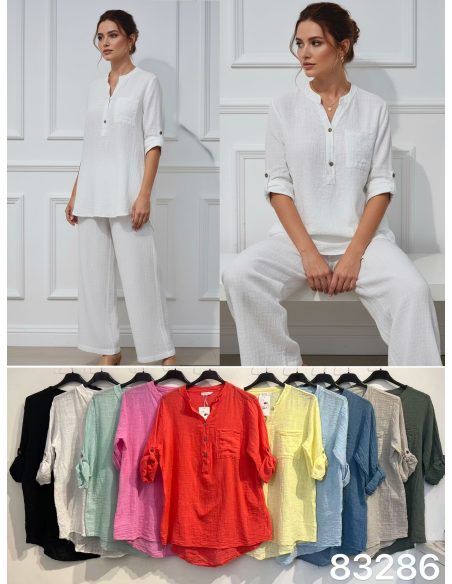 Blusa com efeito linho, bolso e mangas que podem ser dobradas | ZD-83286