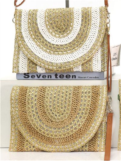 Borsa a tracolla boho in rafia con glitter e patta semicircolare