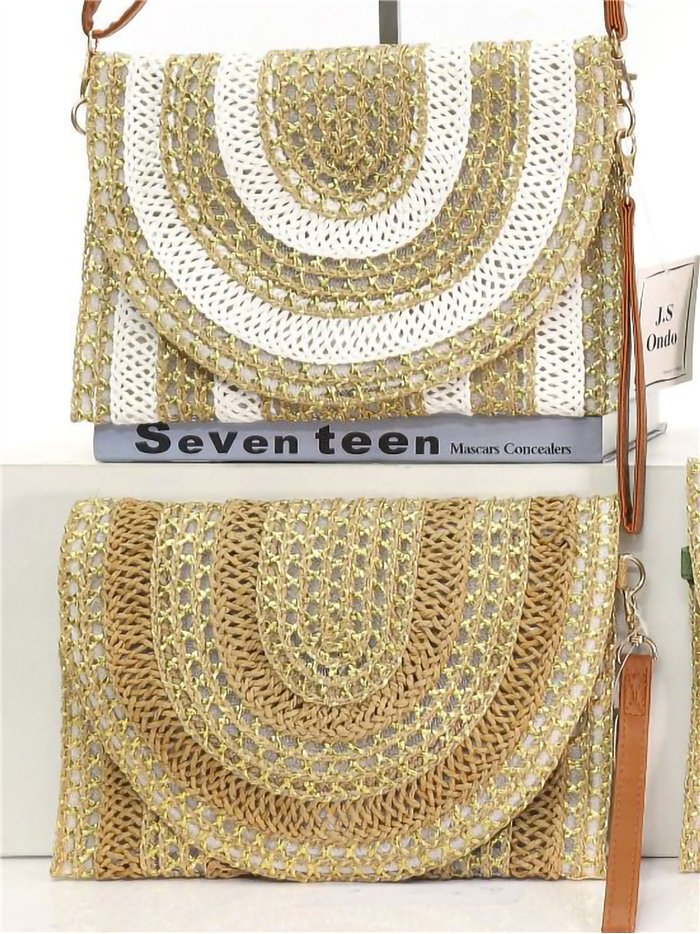 Boho-Umhängetasche aus Bast mit Glitzer und halbkreisförmiger Klappe