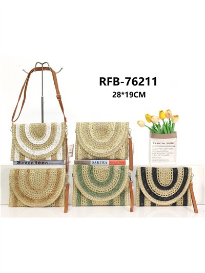 Borsa a tracolla boho in rafia con glitter e patta semicircolare 2