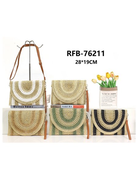 Boho-Umhängetasche aus Bast mit Glitzer und halbkreisförmiger Klappe