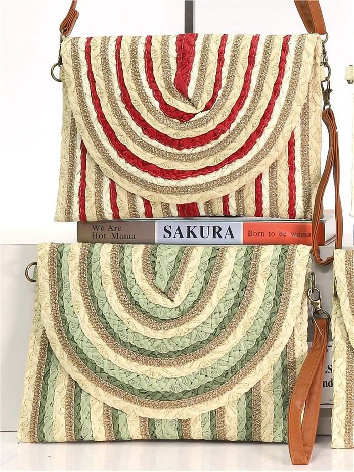 Bolso bandolera rafia rayas con solapa semicircular