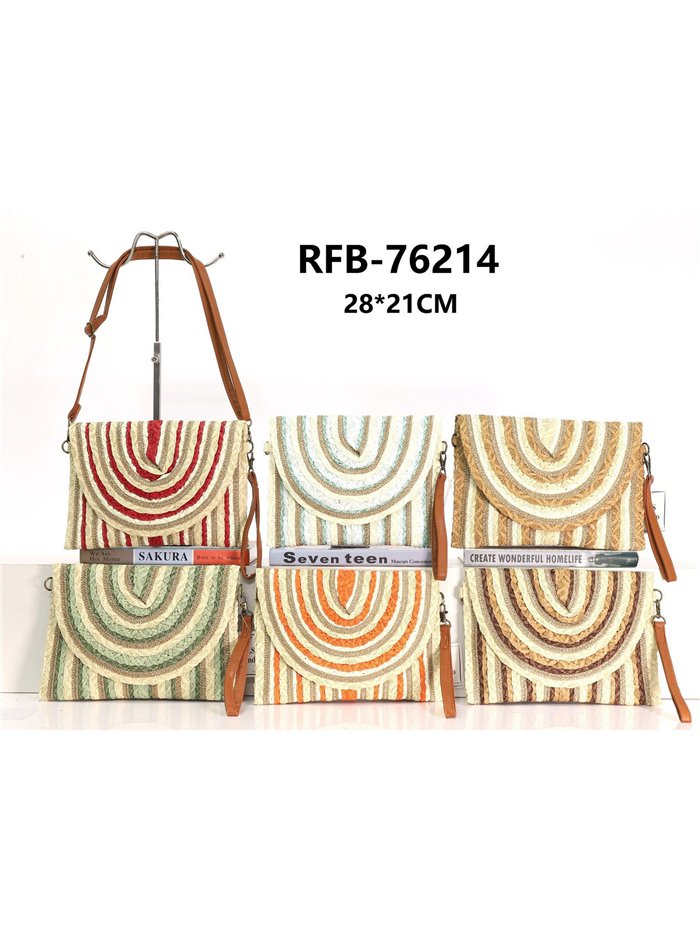 Bolso bandolera rafia rayas con solapa semicircular