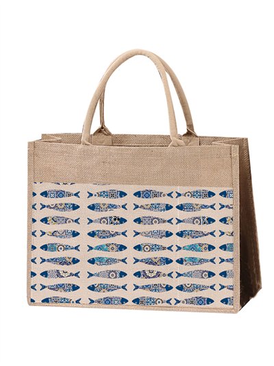 Bolso shopper de yute con estampado de peces