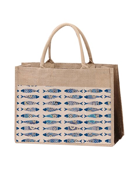 Bolso shopper de yute con estampado de peces