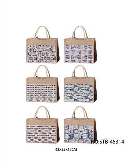 Bolso shopper de yute con estampado de peces 2