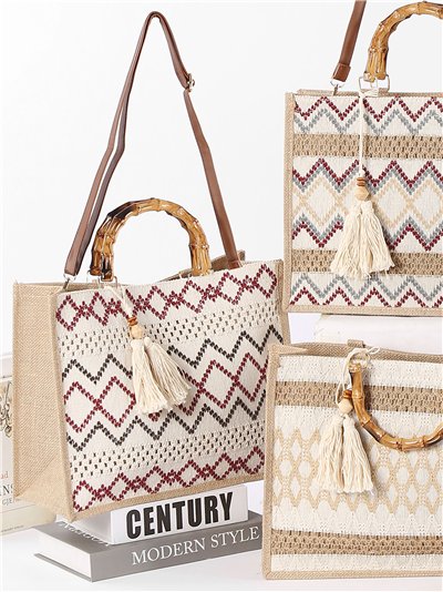 Bolso tote de yute con asas efecto bambú y borla