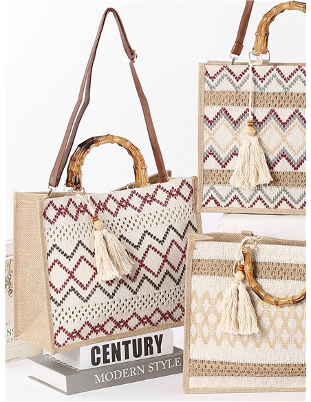 Bolso tote de yute con asas efecto bambú y borla