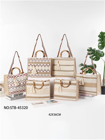 Bolso tote de yute con asas efecto bambú y borla 2
