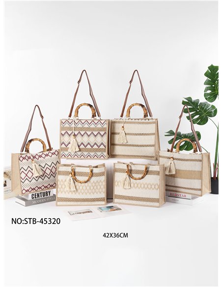 Bolso tote de yute con asas efecto bambú y borla