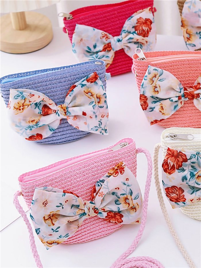 Bolso bandolera infantil rafia con lazo floral