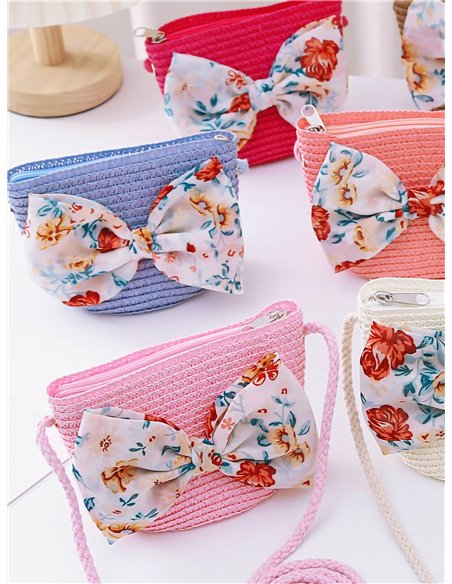 Bolso bandolera infantil rafia con lazo floral