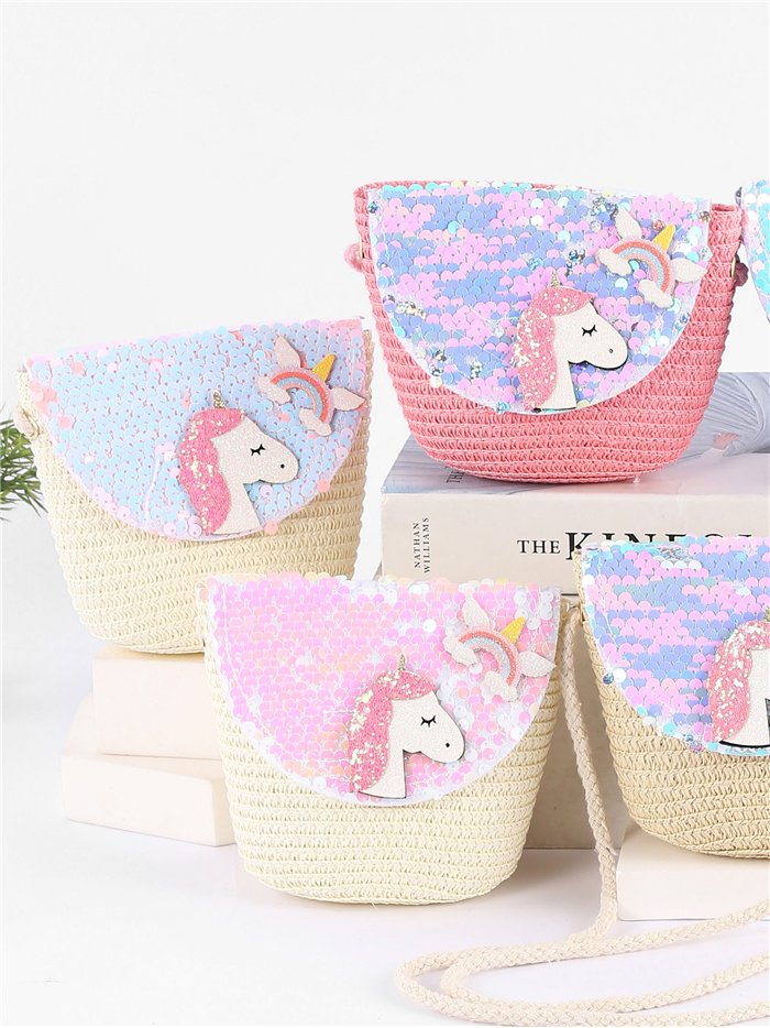 Sac bandoulière licorne en raphia pour enfant avec sequins