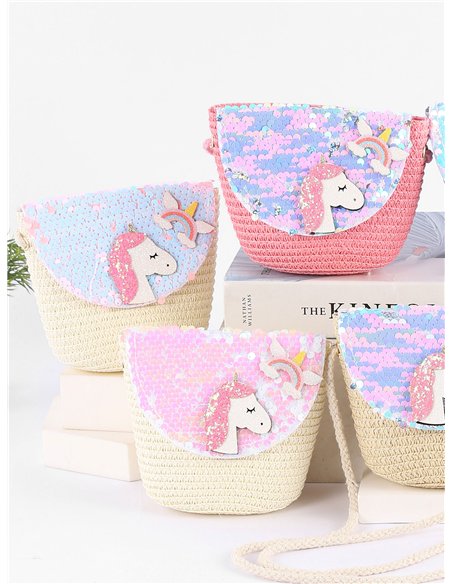 Sac bandoulière licorne en raphia pour enfant avec sequins