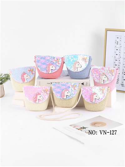 Sac bandoulière licorne en raphia pour enfant avec sequins 2