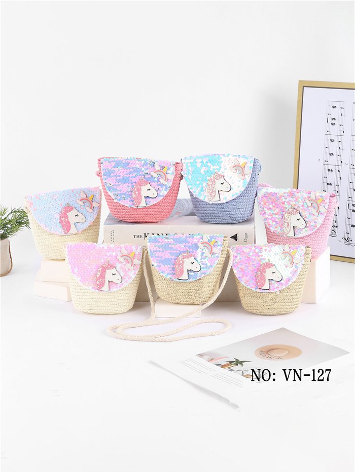 Sac bandoulière licorne en raphia pour enfant avec sequins