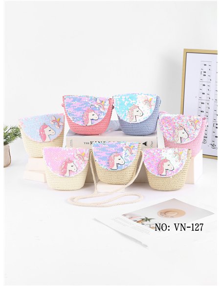 Sac bandoulière licorne en raphia pour enfant avec sequins