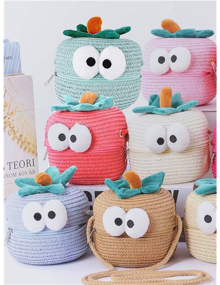 Borsa a tracolla per bambini in rafia, con un divertente disegno a carota.