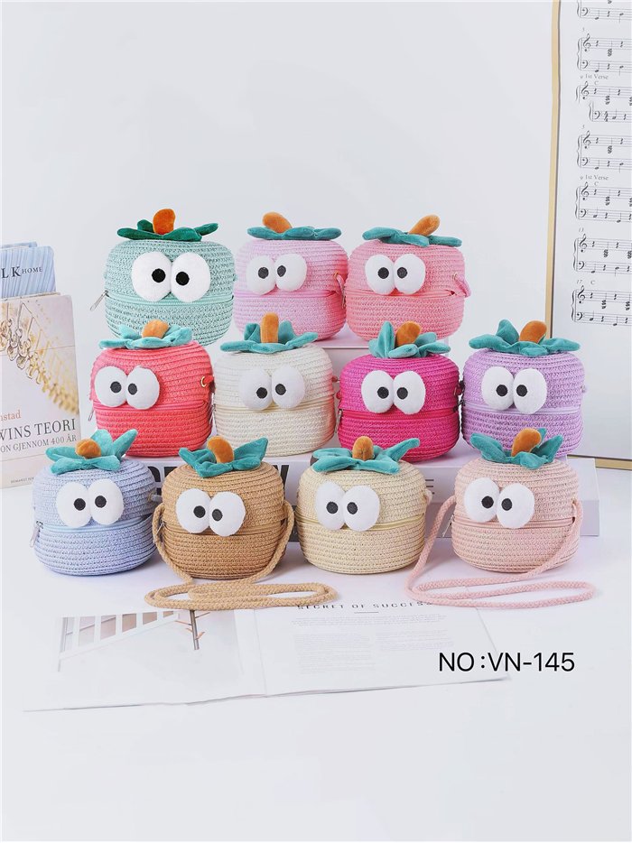 Borsa a tracolla per bambini in rafia, con un divertente disegno a carota.