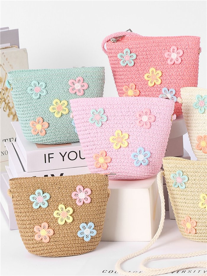 Bolso bandolera infantil rafia flores pastel